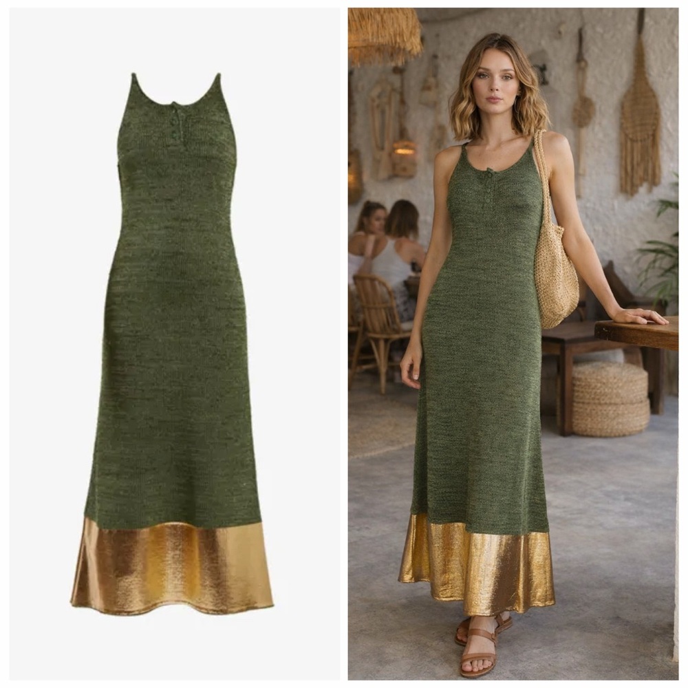 JW Anderson Green Metallic Knit Maxi Dress Gold Foil Coated Medium Designer NWT